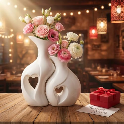 White Heart Vase Set of 2,Modern Vases for Home Console Table Decor for Living Room Coffee Table Fireplace Bookshelf Decorations（3.5" L x 4.4" W x 8.5" H）