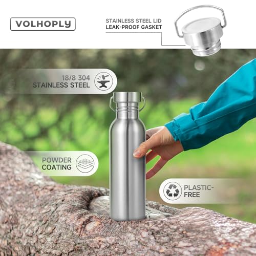 Volhoply 26oz Uninsulated Single Walled Water Bottle, Stainless Steel Reusable Water Bottles with Handle & Carabiner, BPA Free Wide Mouth Water Bottles for Gym Sports Camping(Silver,1) - color: Silver