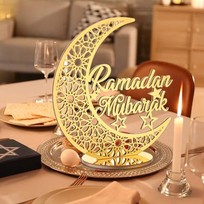 DoubleFill Acrylic Wooden Islamic Ramadan Decoration - 10 Inch Eid Tabletop Decors Ramadan Mubarak Centerpiece Islamic Mosque Muslim Table Sign Decoration Home Decor for Gift Eid Tabletop(Gold)