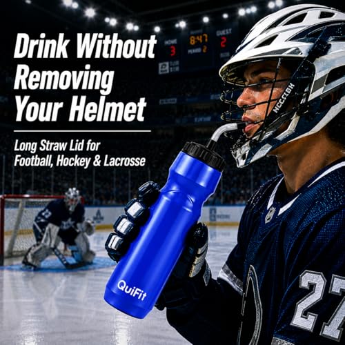 QuiFit Lacrosse Water Bottle with Long Straw -32oz Hockey Water Bottle 2 Pack with 2 Lids Each- BPA Free Squeeze Sports Water Bottles, Leakproof Dishwasher Safe- for Helmet,Lacrosse (Blue) - color: Blue