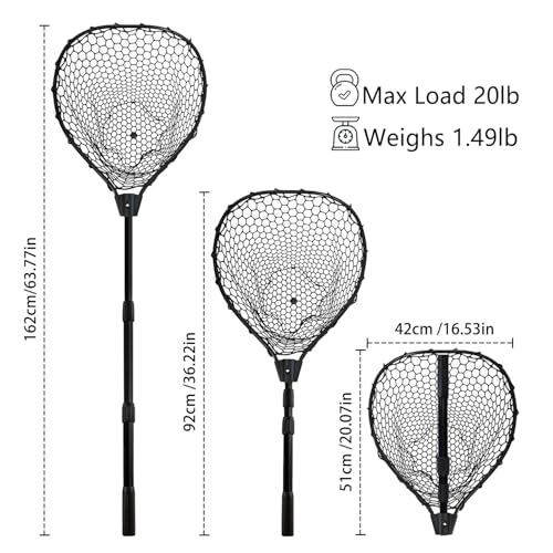 Telescoping Rubber Fishing Net with Handle 64"/46“ Long Silicone Large Fish Landing Net Kayak/Fishpond/Saltwater Extendable Fishing Gear Accessories - size: Black:3-section pole|length:63.7"