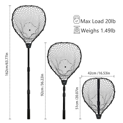 Telescoping Rubber Fishing Net with Handle 64"/46“ Long Silicone Large Fish Landing Net Kayak/Fishpond/Saltwater Extendable Fishing Gear Accessories - size: Black:3-section pole|length:63.7"