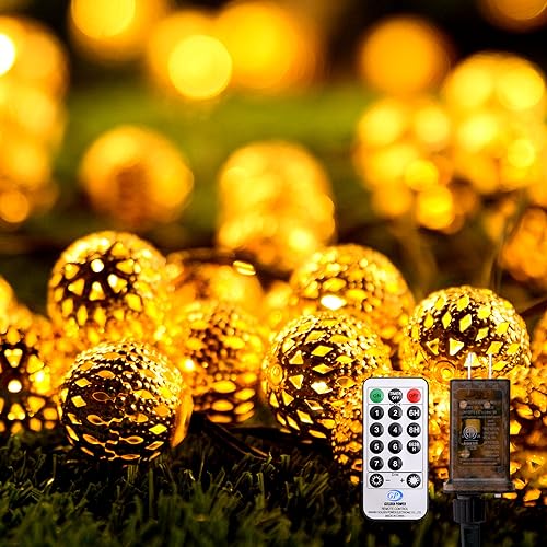 Moroccan String Lights Plug-in 60 LED 29ft Indoor Outdoor Waterproof 8 Modes Diwali Lights with Timer & Remote Control, Decorative Globe for Bedroom Christmas, Warm White - color: Gold 60 LED, size: Plug in