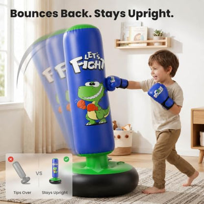 Inflatable Punching Bag, 48" Punching Bag for Kids with Boxing Gloves, Stable Boxing Set for Karate, Taekwondo,Dinosaur Toy & Gifts for Boys 3 4 5 6 7 8 Year Old - color: Blue