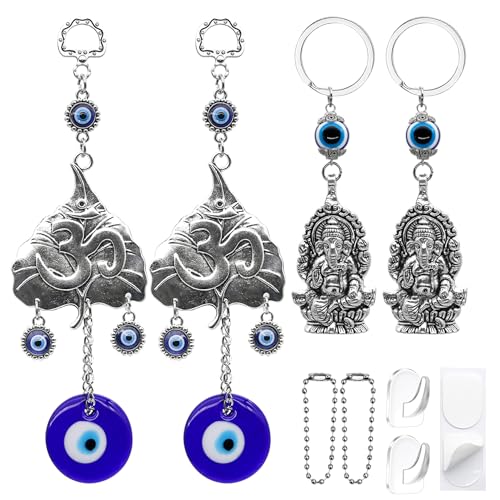 Hindu OM Evil Eye Car Hanging Ganesha Car Charms Lord Ganesha Idol Car Mirror Hanging Accessories Evil Eye Key Chains Turkish Nazar Amulet Boncugu Perfect for Gifting Diwali Housewarming Birthday