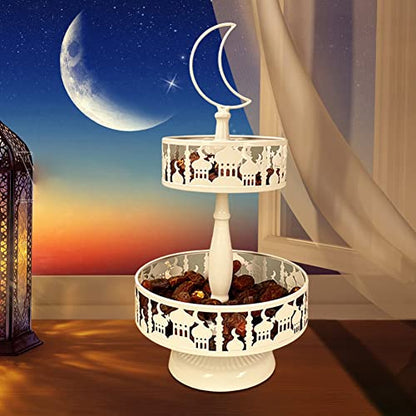 Eid Ramadan Double-Layer Pastry Tray Dinner Plate Tray Dessert Tray for Home Party Decoration, Candy Dessert Rack Iron Serving Tray for Islam Muslim Table Decor Castle (Gold)