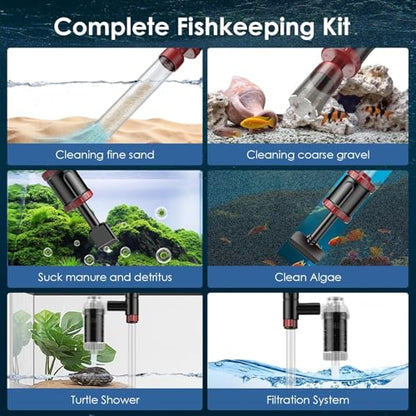 AKKEE Aquarium Vacuum Gravel Cleaner, 36W Electric Fish Tank Cleaner Vacuum, 8 in 1 Multifunctional Aquarium Cleaner for Automatic Water Change, Wash Sand, Water Circulation and Timed Off - color: Red