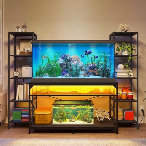 DWVO 55-75 Gallon Aquarium Stand with Power Outlets & LED Light | Display Stand for Turtle Tank, Reptile Terrarium, Heavy Duty Metal Fish Tank Stand Suitable for Living Room, Entryway - color: Black