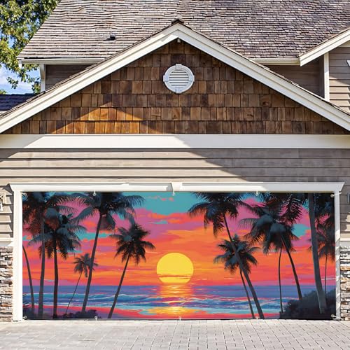 7 * 16FT Summer Garage Door Cover Decorations Sunset Palm Trees Garage Door Banner for Outdoor Indoor Summer Party Photography Backdrop (Summer Sunset, 7 * 16 ft) - color: Summer Sunset, size: 7*16 ft