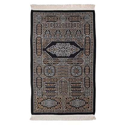 Mihrab Islamic Prayer Rug, Arabesque Velvet Janamaz and Sajadah | Geometric Motif, Black Prayer Mat with Gold Accents and Fringes, Elegant Turkish Namaz Rug for Men Women, 27 x 43 In - color: Black Kaaba Door