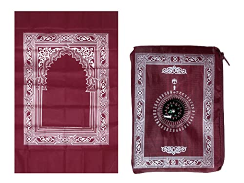 1 Piece Muslim Prayer Rug, Polyester, Portable Travel Prayer Mat with Compass, Red, 60CMx100CM