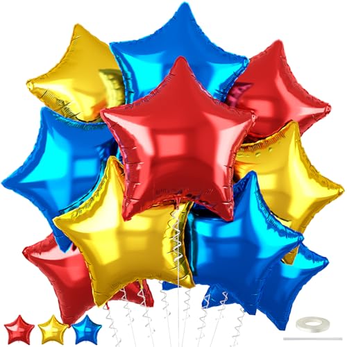 Blue Red Gold Foil Balloons Star 12 Pcs, 18 Inch Large Metallic Royal Blue Red and Chrome Yellow Star Shaped Helium Balloons for Kids Birthday Soccer Sport Themed Graduation Baby Shower Fathers Day - color: Blue Red Gold
