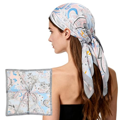 27" Head Scarf Like Satin Silk for Women,Hair Scarves Bandana,Headband Silk Feeling for Hair Wrap - color: Sky Blue and Gray