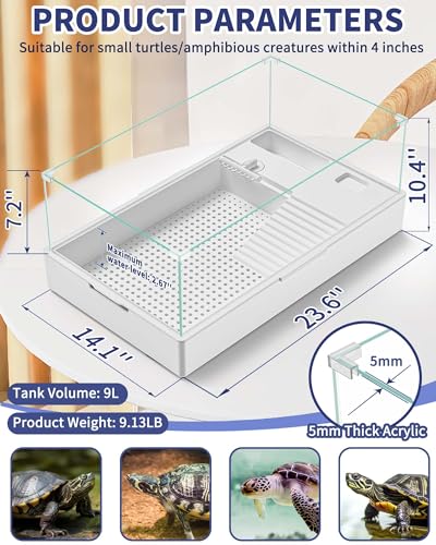 MoonOrange Large Turtle Tank (Tank + Water Pump), Acrylic Turtle Tank Starter Kit with Upgrade Rain Shower Head, Adjustable 5W Water Pump, Higher Fences and Multi-Function Areas. (L)