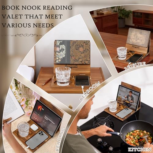 Book Holder Stand for Reading Rest, Wooden Foldable Book Rest with Book Page Holder, Cup, iPad & Phone Stand, Book Nook Reading Valet Desktop Triangle Bookstand Bookshelf for Readers Bookworms Gifts - color: Book