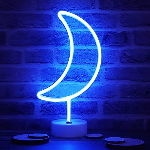 Neon Moon Lights, LED Moon Decor Neon Signs Crescent Night Lights Art Decorations Lamp for Party Supplies, Children Kids Girls Gift-Holder Base(Blue) - color: Moon with Holder Base(Blue)