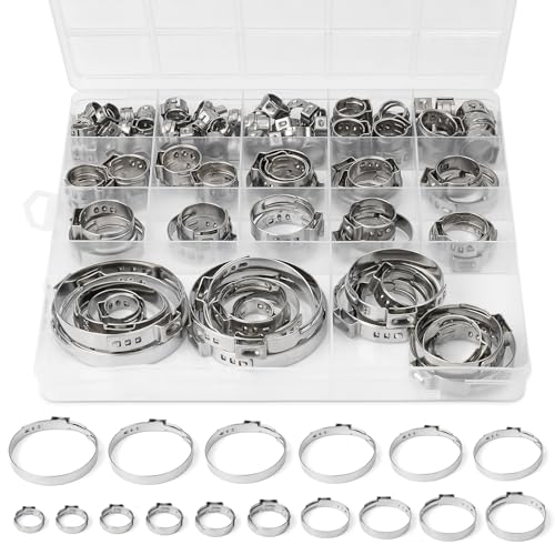 117PCS Sieqioor 16 Sizes Single Ear Hose Clamp Kit, 304 SS 5.3-48.5mm | 304 Stainless Steel Ear Clamp Kit, Stepless Hose Clamps Cinch Rings for Automotive, Home Appliance Line and Plumbing - size: 117pcs