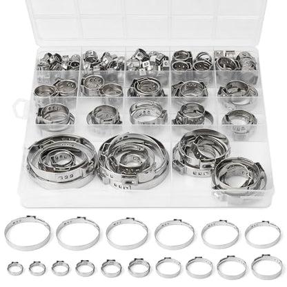 117PCS Sieqioor 16 Sizes Single Ear Hose Clamp Kit, 304 SS 5.3-48.5mm | 304 Stainless Steel Ear Clamp Kit, Stepless Hose Clamps Cinch Rings for Automotive, Home Appliance Line and Plumbing - size: 117pcs