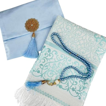 BABY SHOWER CHOCOLATE Muslim Prayer Rug and Tasbeeh Set with Portable Premium Shantung Bag – Soft Janamaz Sajadah for Men & Women – Islamic Gift for Ramadan, Eid, Hajj, Umrah – Travel Prayer Mat - color: Blue