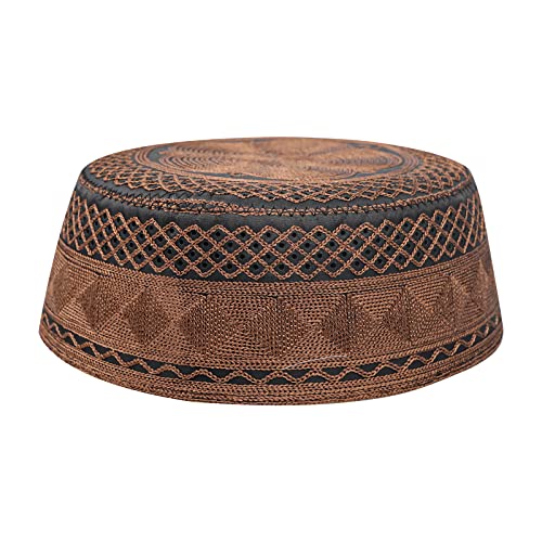 Muslim Prayer Kufi Hat for Men Boys Islamic Beanie Skull Cap Prayer Headwear Embroidery Kofia Topi Sun Hat Ramadan Eid Gift - color: Dark Coffee, Chain Embroidery