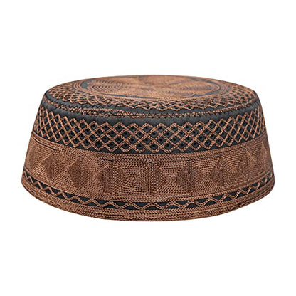 Muslim Prayer Kufi Hat for Men Boys Islamic Beanie Skull Cap Prayer Headwear Embroidery Kofia Topi Sun Hat Ramadan Eid Gift - color: Dark Coffee, Chain Embroidery