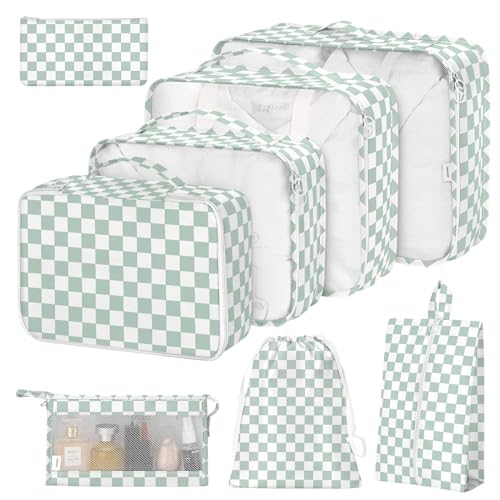 8 Set Packing Cubes for Suitcases,Suitcase Organizer with Shoe,Cosmetics,Clothing, and Accessories Bags for Travel Luggage Organizer Women Men(Green Checkered) - color: Green Checkered