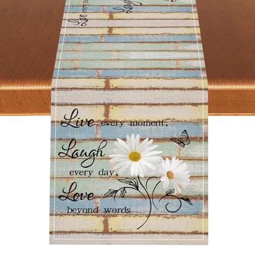 Farmhouse Daisy Table Runner, Retro Floral Rustic Seasonal Boho Daisy Flower Vintage Wooden Plank Country Kitchen Dining Table Scarf for Kitchen Living Room Home Party Decor 13"x36" - color: Tr-daisy10, size: 13x36" Table Runner
