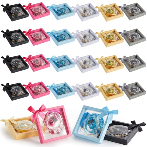 24 Sets Islamic Tasbih Prayer Beads Digital Tasbeeh Counter Bulk Islamic Eid Party Favors with Bows Box Moslem Prayer Gift Elegant Beads with LCD Finger Counter for Ramadan Hajj Dhikr Meditation