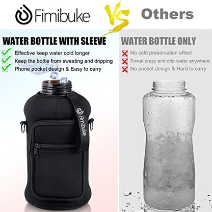 Fimibuke Half Gallon Water Bottle with Sleeve 64 OZ Water Bottle with Handle & Straw Leakproof Motivational Sports Gym Water Bottle with Time Marker BPA Free Water Jug with Reusable Neoprene Holder - color: A3.Black