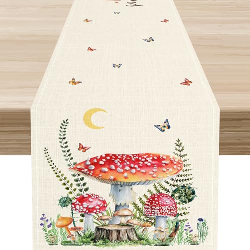 Mushroom Table Runner, Spring Summer Watercolor Floral Colorful Moon Butterfly Forest Plants Seasonal Botanical Leaf Farmhouse Wildflowers Home Kitchen Dining Table Decoration 13"x36" - color: Tr-mushroom05, size: 13x36" Table Runner