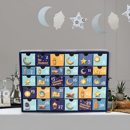 MOVINPE Ramdan Calendar with Drawers 2026 Ramadan Gifts for Kids, 30 Pre-Assembled Empty Boxes Eid Mubarak Coutdown Calendar Fillable Islamic Art Gift Box, Ramadan Party Supplies (Blue) - color: Blue