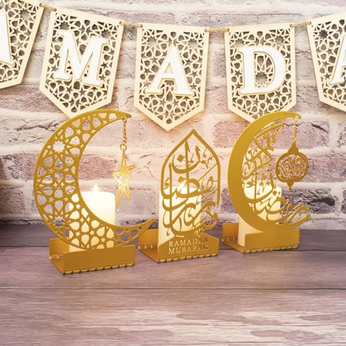 3 Pcs Gold Metal Ramadan Decorations for Home 2026, Eid Mubarak Kareem Sign Islamic Table Centerpiece Fireplace Decor, Arabic Crescent Moon Stand Lantern Star Candle Holders, Muslim Gifts