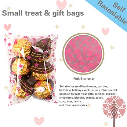 COQOFA 100 Pcs Star Printed Sealable Gift Wrap Cello Cellophane Bags Self sealing Adhensive Treat Bags Party Favor bags (4x6inch, Pink) - color: Pink(Self-sealing), size: 4x6 in