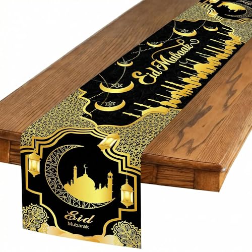 Ramadan Mosque Linen Table Runner: Black and Gold Mosque Moon Tablerunner Muslim Eid Al-fitr Eid Mubarak Perfect for Ramadan Party Home Kitchen Dining Mantel 13×72Inches(1 Pcs) - color: Ramadan Black