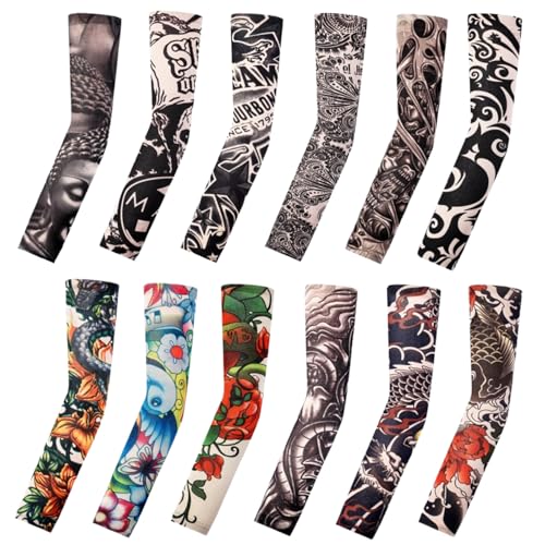 Tattoo Sleeves for Men Women Sun Protection UV Compression Arm Sleeves Breathable Skin Cover for Outdoor Sports - color: 004-12pc