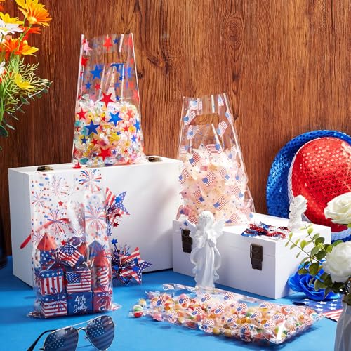 Geyoga 100 Pcs 4th of July Party Favor Bags Bulk 10 x 6 Patriotic Gift Bags with Handles Red White Blue Treat Bag 250th Anniversary Plastic USA Flag Candy Bag for Independence Day Party Supplies - style: Fourth of July