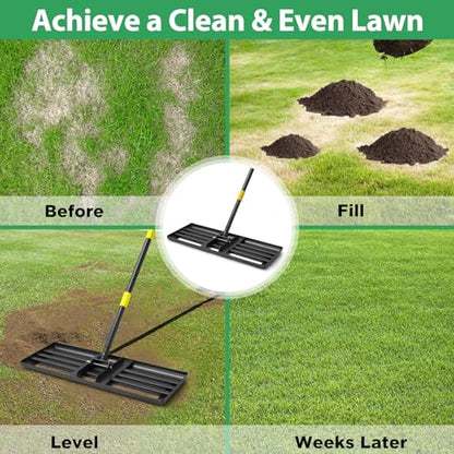 Lawn Leveling Rake, 6 FT Ground Lawn Leveler with 30 x 10 Wide Large Rakes Head for Smooth Garss Soil Dirt Sand, High Effect Yard Leveling Tool with Round Edge forGarden Golf Course, No Flip - style: 6 FT
