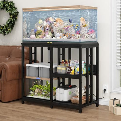 Heavy Duty 40-50 Gallon Aquarium Stand with Power Outlets, 3-Tier Adjustable Metal Fish Tank Stand with Storage Shelf for 5-10 Gallon Tanks, Reptile Terrariums & Supplies Organizer, 720LBS Capacity (Black + Black) - color: Black + Black