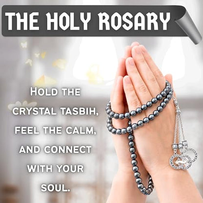 Amazing Gemstone Hematite Tasbeeh with Moon and Star Charm - Certified Crystal Muslim Prayer Beads Natural Gemstone Tasbih Gift for Ramadan Dhikr and Daily Namaz (S) - color: Hematite