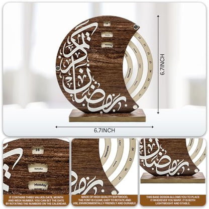 Ramandan Perpetual Desk Calendar Islamic Table Decor Muslim Gifts Wooden Ring A Date Reusable Ramadan Countdown Calendar Decoration for Home Office Living Room Tabletop Shelf