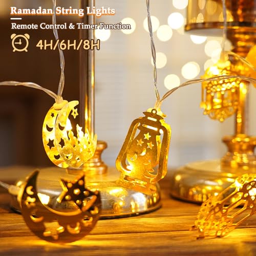 Ramadan Decorations String Lights, Metal Moon Star Battery Operated 10ft 20 LED Ramadan Lights with Remote, Timer & 8 Lighting Modes, Islamic Decor for Home Wall Fireplace Eid Mubarak Party - style: Ramadan Decorations