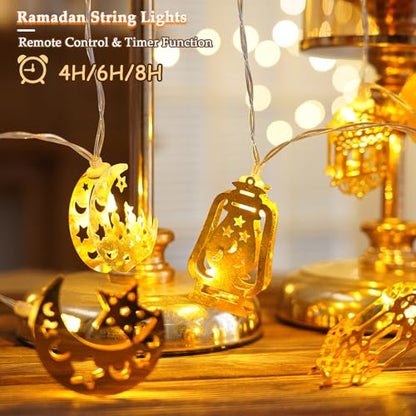 Ramadan Decorations String Lights, Metal Moon Star Battery Operated 10ft 20 LED Ramadan Lights with Remote, Timer & 8 Lighting Modes, Islamic Decor for Home Wall Fireplace Eid Mubarak Party - style: Ramadan Decorations