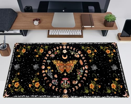 Moth Desk Pad Mushroom Phase Moon Phase Desk Mat, Boho Flowers and Leaves Computer Big Mouse Pad Washable Cloth Non-Slip Rubber Base Keyboard Pad Mouse Mat for Office with Stitched Eges 31.5x15.7 in - color: Black Butterfly Moon