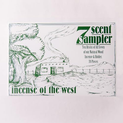 Incienso de Santa Fe - 7 Scent Sampler Natural Wood Incense with Burner, Includes Piñon, Cedar, Juniper, Hickory, Alder, Mesquite, and Fir Balsam (70 Bricks) - Made in the USA