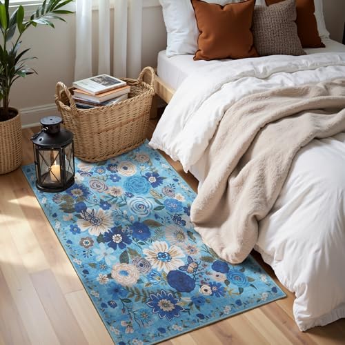 Blue Garden Floral Hallway Runner Rug 2x4 for Bedroom Kitchen - color: Blue, size: 2' x 4' (Rectangular)