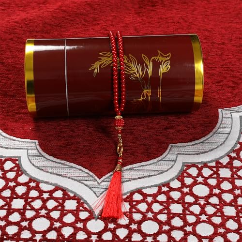 Islamic Prayer Rug Elegant Masjid Pattern Thin Mat Muslim Portable Blanket with Beads Ramadan Eid Gift Rug Turkish Prayer Carpet - color: Setc Red