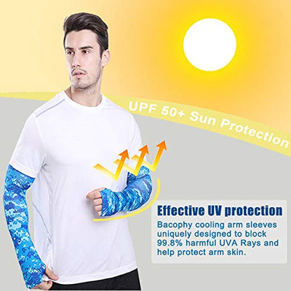 Bacophy 3 Pairs Arm Sleeves with Thumb Holes Women Men UV Protection Cooling, UPF 50 Compression Long Arm Cover - color: 3-pairs Blue Camo+orange Camo+green Camo