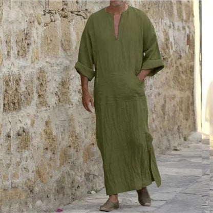 Muslim Robe Kaftan for Men Long Sleeve Solid V Neck Shirts Linen Kaftan Muslim Long Gown Side Split Ethnic Thobe Robe - color: Army Green, size: 4X-Large