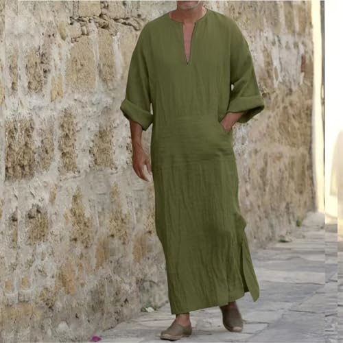 Muslim Robe Kaftan for Men Long Sleeve Solid V Neck Shirts Linen Kaftan Muslim Long Gown Side Split Ethnic Thobe Robe - color: Army Green, size: Medium