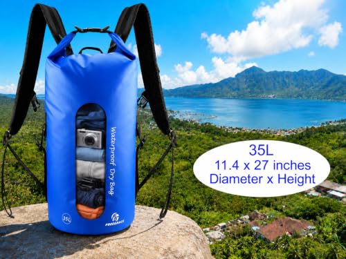 Freegrace Waterproof Dry Bag Set of 3 - Submersible Dry Sack with Double Zip Lock Seals - Includes Waist Pouch & Phone Case - Perfect for Kayaking, Swimming, Boating & Rafting (Window, Navy Blue, 35L) - color: Navy Blue, size: 35L, style: Window